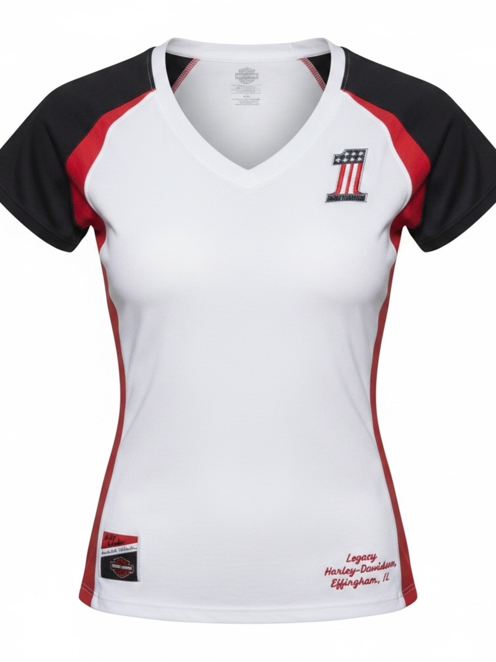 Harley Davidson White and Black V-Neck T-Shirt with Red Accents
